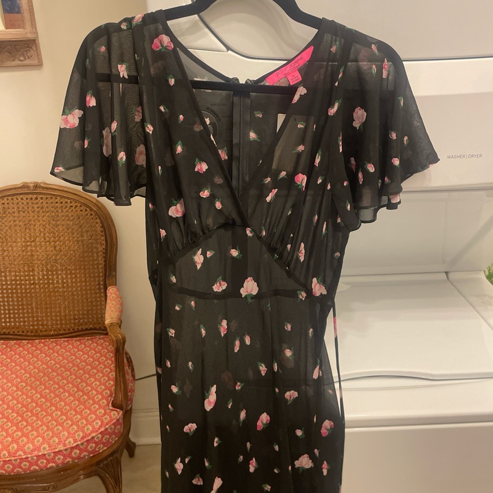 Betsey Johnson Black Sheer Midi Dress with Pink Floral